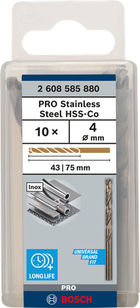 PRO Stainless Steel HSS-Co Twist Drill Bit, 4 x 43 x 75 mm, 10 pcs PRO Stainless Steel HSS-Co Twist Drill Bit, 4 x 43 x 75 mm, 10 pcs