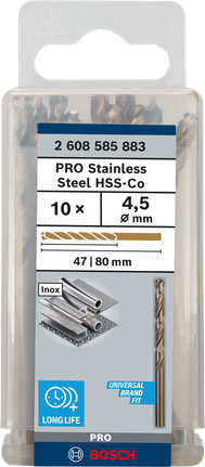 PRO Stainless Steel HSS-Co Twist Drill Bit, 4.5 x 47 x 80 mm, 10 pcs PRO Stainless Steel HSS-Co Twist Drill Bit, 4.5 x 47 x 80 mm, 10 pcs