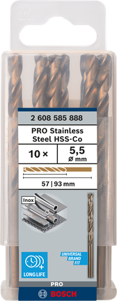 PRO Stainless Steel HSS-Co Twist Drill Bit, 5.5 x 57 x 93 mm, 10 pcs PRO Stainless Steel HSS-Co Twist Drill Bit, 5.5 x 57 x 93 mm, 10 pcs