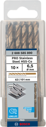 PRO Stainless Steel HSS-Co Twist Drill Bit, 6.5 x 63 x 101 mm, 10 pcs PRO Stainless Steel HSS-Co Twist Drill Bit, 6.5 x 63 x 101 mm, 10 pcs