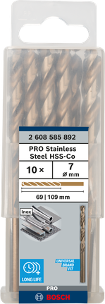 PRO Stainless Steel HSS-Co Twist Drill Bit, 7 x 69 x 109 mm, 10 pcs PRO Stainless Steel HSS-Co Twist Drill Bit, 7 x 69 x 109 mm, 10 pcs