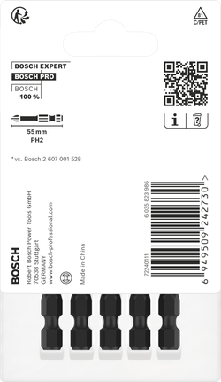 PRO Phillips Impact Bit, PH2, 55 mm, 5 pcs Bosch PH2 55 mm Phillips bits 5-pack.