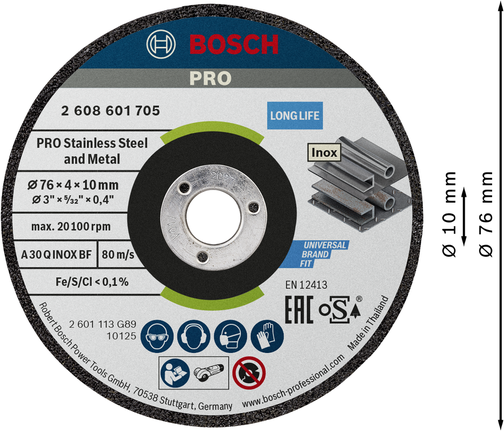 PRO Stainless Steel and Metal Grinding Disc, 76 x 4 x 10 mm Bosch PRO stainless steel and metal grinding disc 76 mm.