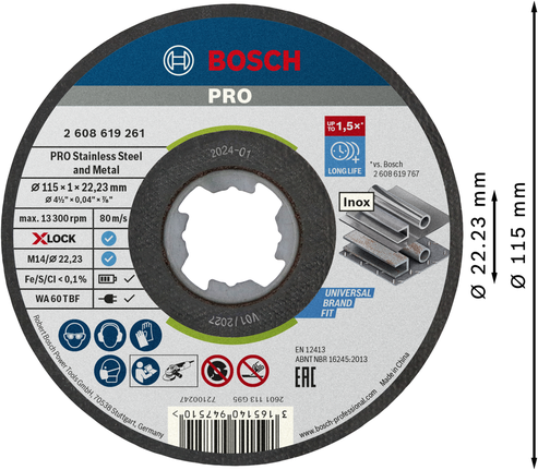 PRO Stainless Steel and Metal Bonded Cutting Disc, 115 x 1 x 22.23 mm, X-Lock, Straight Bosch PRO X-Lock stainless steel cutting disc 115mm.