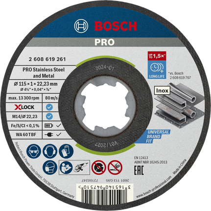 PRO Stainless Steel and Metal Bonded Cutting Disc, 115 x 1 x 22.23 mm, X-Lock, Straight Bosch PRO Stainless Steel and Metal X-Lock cutting disc.