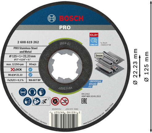 PRO Stainless Steel and Metal Bonded Cutting Disc, 125 x 1 x 22.23 mm, X-Lock, Straight Bosch PRO stainless steel and metal cutting disc X-Lock.