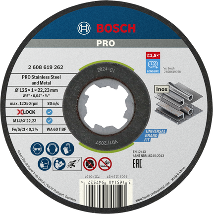 PRO Stainless Steel and Metal Bonded Cutting Disc, 125 x 1 x 22.23 mm, X-Lock, Straight Bosch PRO 125×1×22.23 mm X-Lock cutting disc.