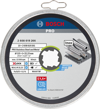 PRO Stainless Steel and Metal Bonded Cutting Disc, 115 x 1 x 22.23 mm, X-Lock, Straight, 10 pcs Bosch PRO 115×1×22.23 mm stainless steel cutting disc.