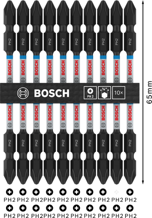 PRO Softwood and Stainless Steel Long Groove Double-Ended Impact Bit, PH2, 110 mm, 10 pcs Bosch PRO double-ended impact bit set PH2 110mm for softwood and stainless steel.