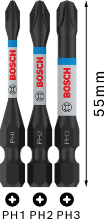 PRO PH Impact Bit, PH1 x 55, PH2 x 55, PH3 x 55 mm, 3 pcs Bosch PRO PH Impact Bits PH1 PH2 PH3 55mm set.