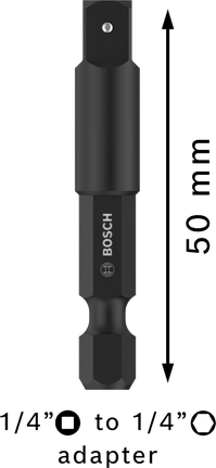 PRO Socket Adapter with Pin Connection, 1/4", 50 mm Bosch PRO socket adapter 1/4 inch, 50 mm length.