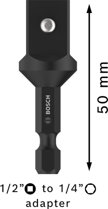 PRO Socket Adapter with Pin Connection, 1/2", 50 mm Bosch PRO Socket Adapter 1/2" to 1/4" 50 mm.