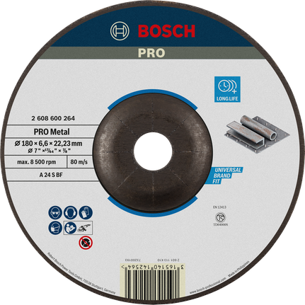 PRO Metal Grinding Disc, A 24 S BF, 180 x 6.6 x 22.23 mm, Depressed Centre Bosch PRO Metal Grinding Disc A 24 S BF, 180 mm, long life.
