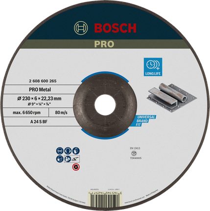 PRO Metal Grinding Disc, 230 x 6 x 22.23 mm Bosch PRO Metal Grinding Disc 230 mm long life.
