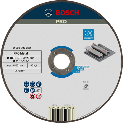 Bosch PRO Metal Cutting Disc 180 x 3 x 22.23 mm, long life.