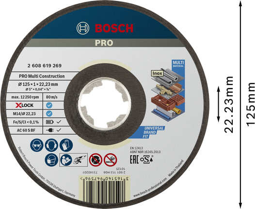 PRO Multi Material X-Lock Cutting Disc, 125 x 1 x 22.23 mm Bosch PRO Multi Material X-Lock cutting disc 125mm.