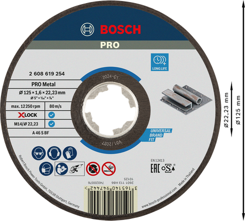 PRO Metal Bonded Cutting Disc, 125 x 1.6 x 22.23 mm, X-Lock Bosch PRO Metal Bonded Cutting Disc X-Lock 125mm.