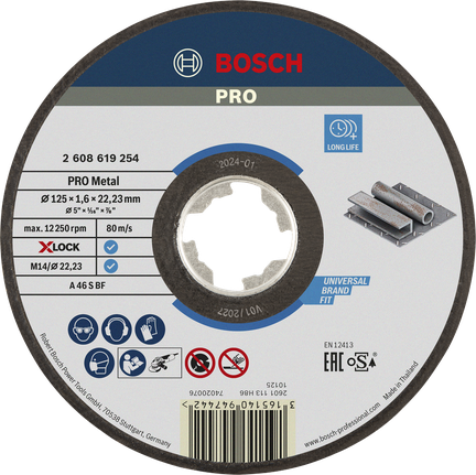PRO Metal Bonded Cutting Disc, 125 x 1.6 x 22.23 mm, X-Lock Bosch PRO Metal Bonded Cutting Disc 125x1.6x22.23 mm X-Lock.