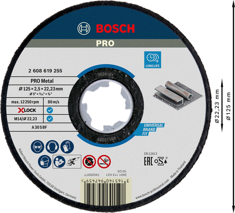 PRO Metal Bonded Cutting Disc, 125 x 2.5 x 22.23 mm, X-Lock, Straight Bosch PRO Metal Bonded Cutting Disc X-Lock 125x2.5mm.