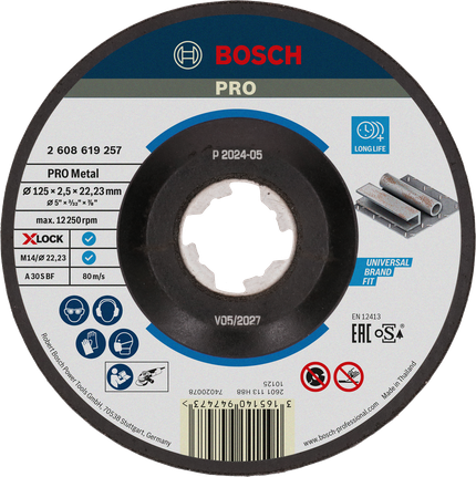 PRO Metal Bonded Cutting Disc, 125 x 2.5 x 22.23 mm, X-Lock, With Depressed Centre Bosch PRO Metal bonded cutting disc X-Lock 125mm.