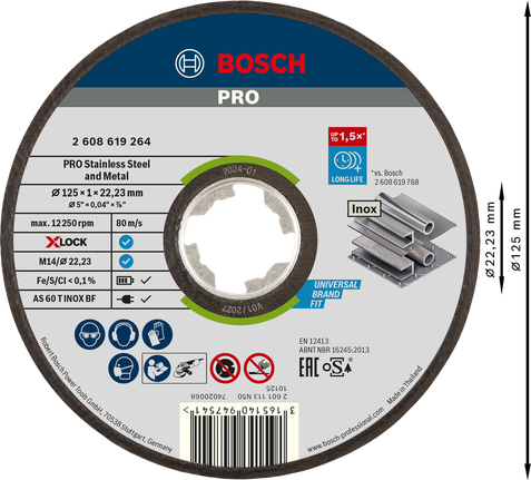 PRO Stainless Steel and Metal Bonded Cutting Disc, 125 x 1 x 22.23 mm, X-Lock, Straight, oSa Bosch PRO stainless steel cutting disc 125x1mm X-Lock.