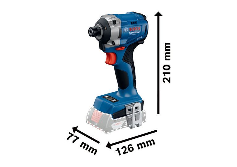 Bosch GDR 18V-215 impact driver with long bit holder and size dimensions.