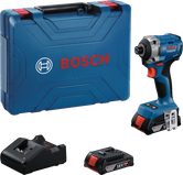 Bosch GDR 18V-215 cordless impact driver set with case.