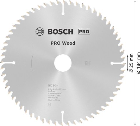 PRO Wood Circular Saw Blade, 184 x 2 x 25 mm Bosch PRO Wood circular saw blade 184 x 25 mm.