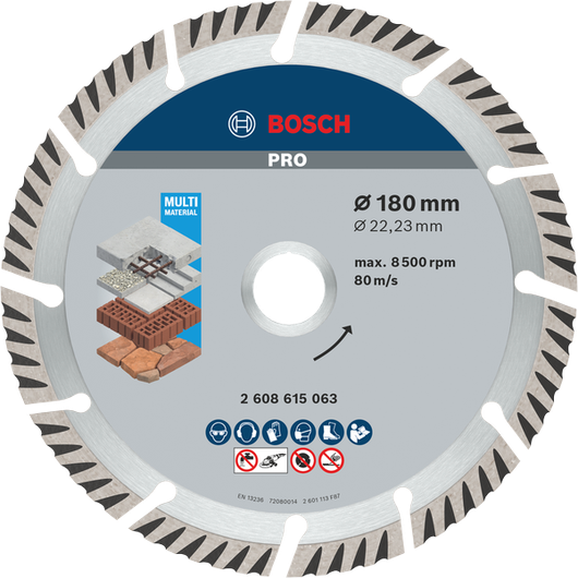 PRO Multi Material Diamond Cutting Disc Bosch PRO Multi Material Diamond Disc, 180 mm for cutting stone and brick.