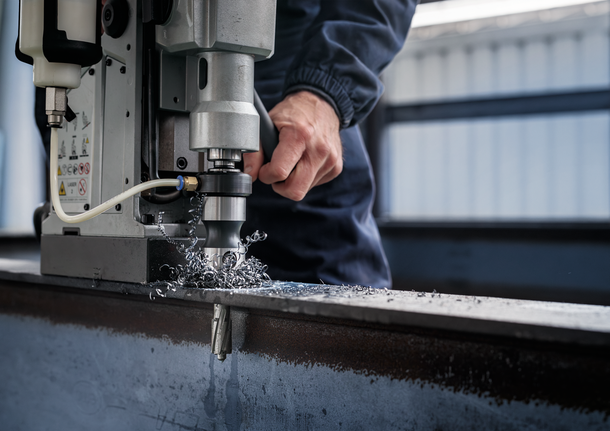 Pilot Pin for PRO Metal TCT Annular Cutter, 6 x 106 mm Person drills into a steel beam with a large tool, metal shavings scattered around.