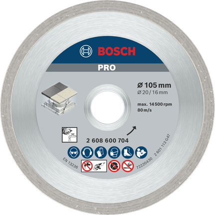 PRO Ceramic Diamond Disc, 105 x 20/16 mm Bosch PRO Ceramic Diamond Disc 105 mm for tile cutting.