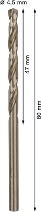 PRO Stainless Steel HSS-Co Twist Drill Bit, 4.5 x 47 x 80 mm, 10 pcs PRO Stainless Steel HSS-Co Twist Drill Bit, 4.5 x 47 x 80 mm, 10 pcs