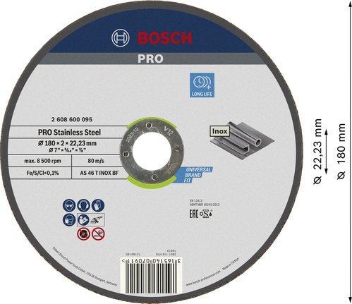 Bosch PRO stainless steel cutting disc 180x2x22.23 mm.