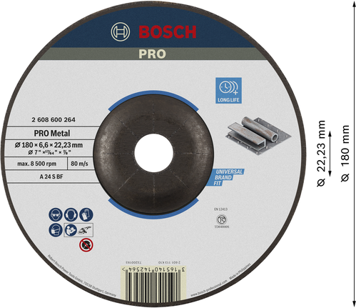 PRO Metal Grinding Disc, A 24 S BF, 180 x 6.6 x 22.23 mm, Depressed Centre Bosch PRO Metal Grinding Disc A 24 S BF, 180 mm for metal.