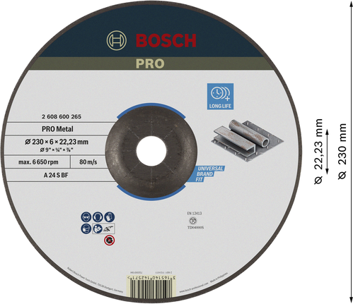 PRO Metal Grinding Disc, 230 x 6 x 22.23 mm Bosch PRO Metal Grinding Disc 230 x 6 mm long life.