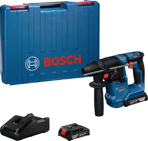 Bosch GBH 18V-18 rotary hammer drill with case and battery.