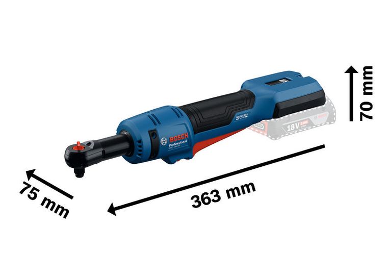 Bosch GRC 18V-60 cordless ratchet wrench with dimensions.