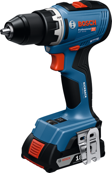 Bosch GSR 18V-65 cordless drill with 2Ah battery.