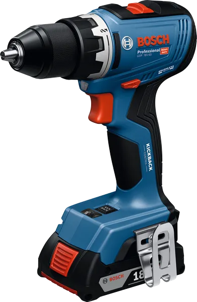 Bosch GSR 18V-65 cordless drill with belt clip.