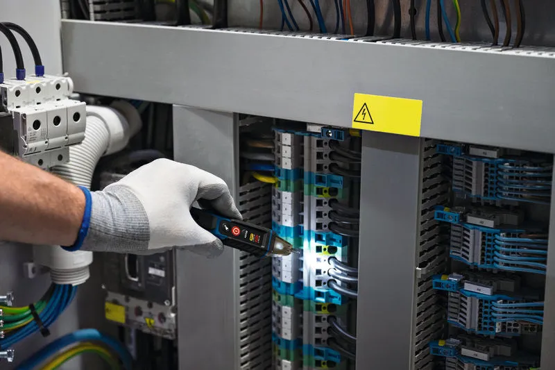 A person wearing safety equipment checks electrical wiring in a control panel with a voltage tester.