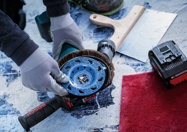 EXPERT Multi Material Carbide Grinding Head Medium, Flat, X-LOCK, 115 mm, 22.23 mm Bosch abrasive brush wheel for surface preparation.