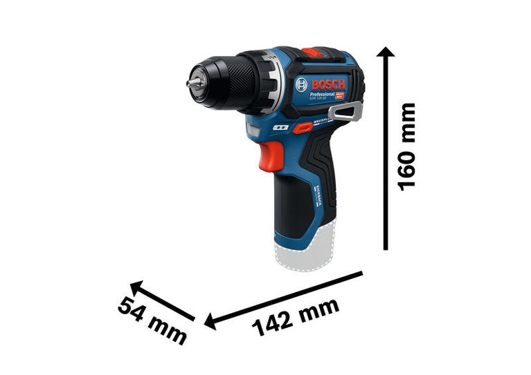 Bosch GSR 12V-32 cordless drill with dimensions shown.