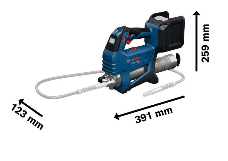 GFP 18V-10 Bosch GFP 18V-10 cordless grease gun with dimensions shown.