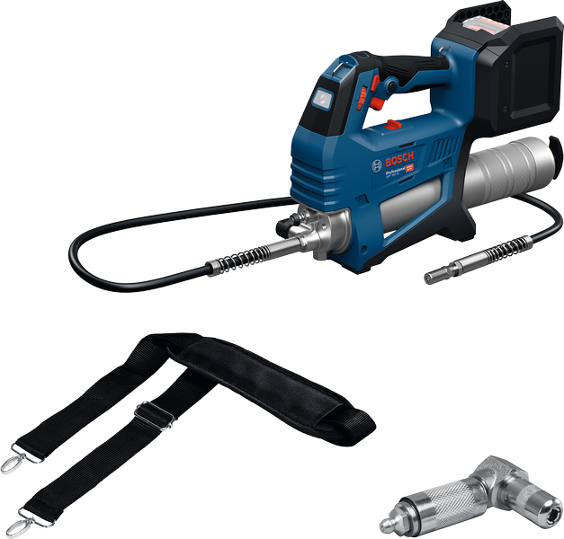 Bosch GFP 18V-10 cordless grease gun with strap.