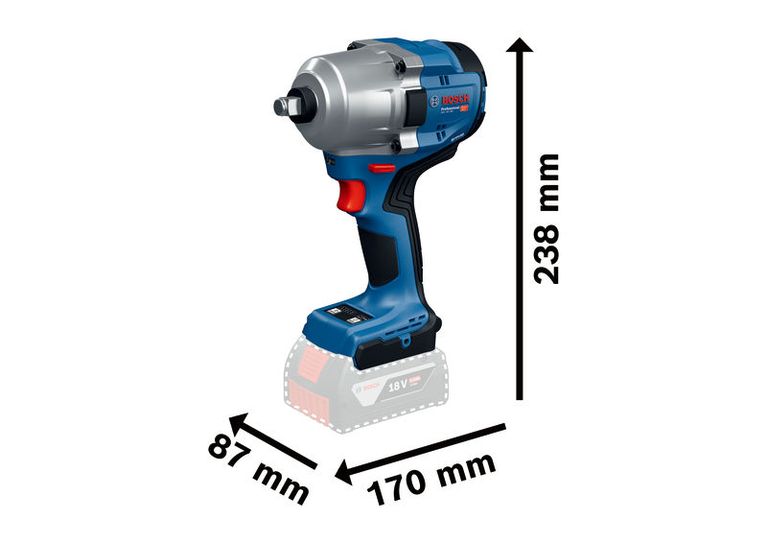 Bosch GDS 18V-780 cordless impact driver dimensions shown.