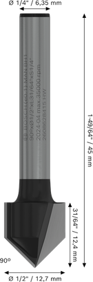 PRO Router Bit Bosch PRO Router Bit V-Groove 90 degree 1/2 inch diameter.