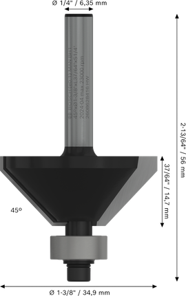 Bosch PRO Router Bit Chamfer 45 degree 1/4 inch shank.
