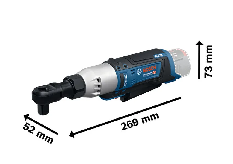 Bosch GRC 12V-60 1/2 SN cordless ratchet wrench with dimensions.