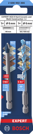 EXPERT HEX-9 Hard Ceramic and HEX-9 Multi Construction Set, 6 mm, 2 pcs Bosch EXPERT HEX-9 Hard Ceramic and Multi Construction drill bit set 6 mm.