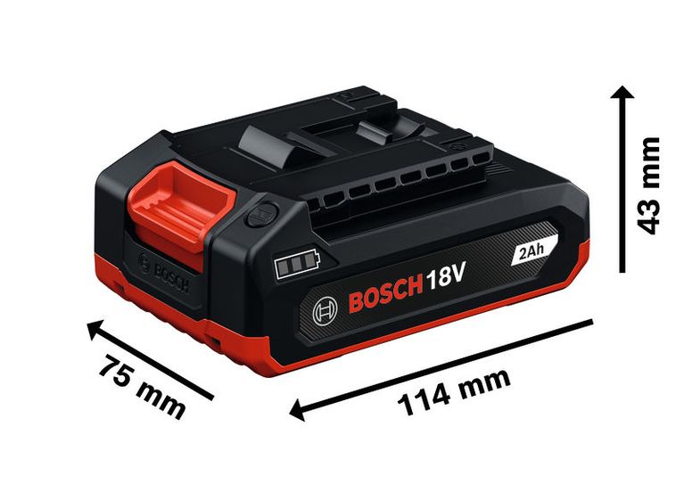 Bosch 18V 2Ah battery pack with dimensions.